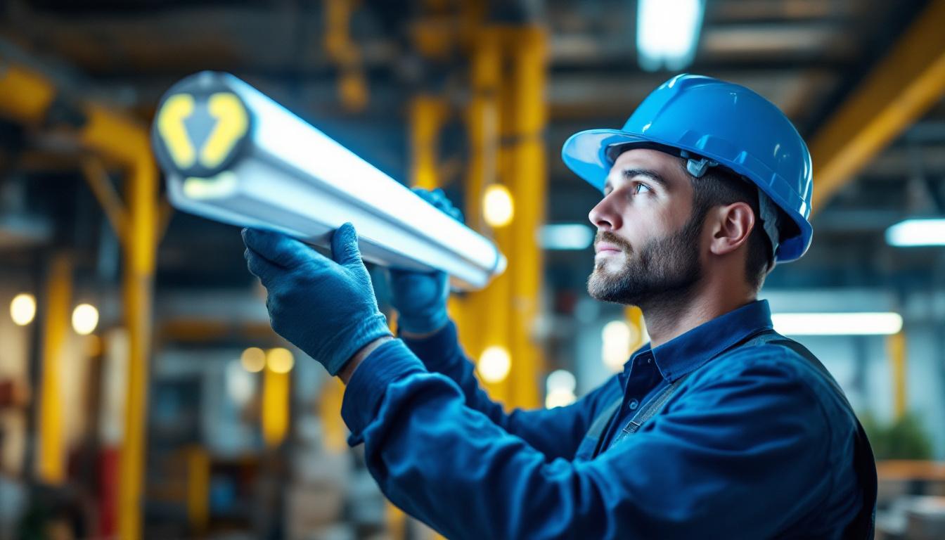 A photograph of a lighting contractor expertly installing or showcasing an f30t8 fluorescent tube in a commercial setting