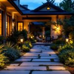 A photograph of a beautifully landscaped outdoor setting illuminated by elegant solar uplighters at dusk