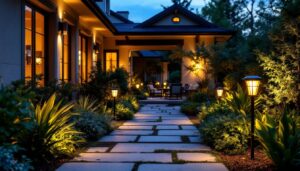 A photograph of a beautifully landscaped outdoor setting illuminated by elegant solar uplighters at dusk