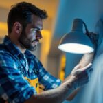 A photograph of a professional lighting contractor installing or inspecting a 6-inch led light fixture in a modern home setting