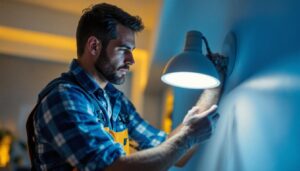 A photograph of a professional lighting contractor installing or inspecting a 6-inch led light fixture in a modern home setting