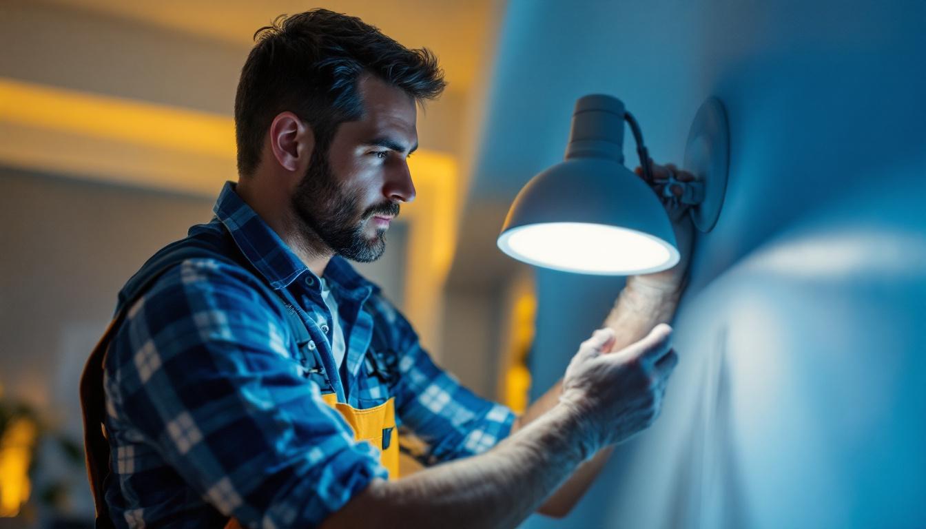 A photograph of a professional lighting contractor installing or inspecting a 6-inch led light fixture in a modern home setting