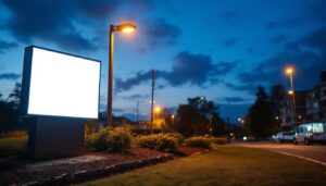 A photograph of a well-lit outdoor sign at dusk