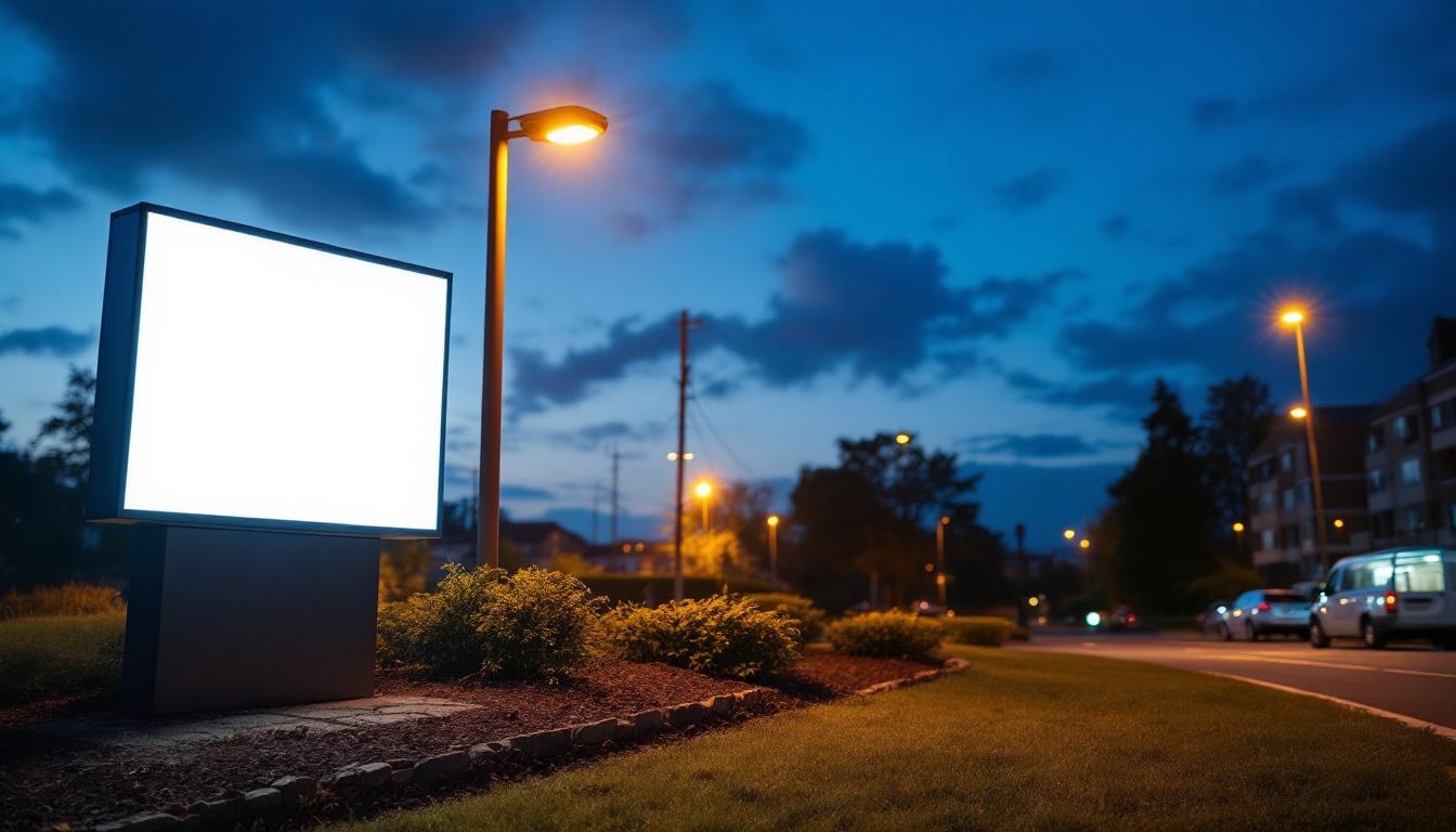 A photograph of a well-lit outdoor sign at dusk