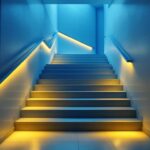A photograph of a beautifully lit stairwell showcasing innovative lighting designs