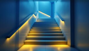 A photograph of a beautifully lit stairwell showcasing innovative lighting designs
