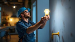 A photograph of a lighting contractor installing a 40 watt type t bulb in a stylish