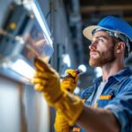 A photograph of a lighting contractor expertly installing or inspecting led ballasts in a commercial or residential setting