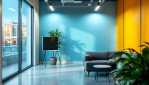 A photograph of a well-lit indoor space featuring a sleek installation of 4 ft led tube lights