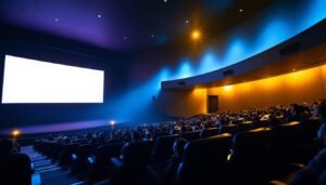 A photograph of a movie theater interior showcasing a well-designed lighting setup