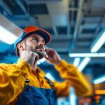 A photograph of a lighting contractor installing t12 fluorescent led conversion fixtures in a commercial space