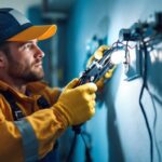 A photograph of a technician safely using wire running tools while installing lighting fixtures in a residential or commercial setting