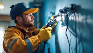 A photograph of a technician safely using wire running tools while installing lighting fixtures in a residential or commercial setting