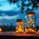 A photograph of a beautifully illuminated solar jar lamp in a cozy outdoor setting