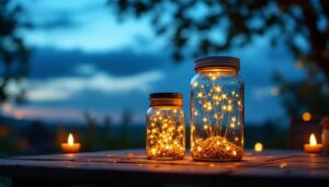 A photograph of a beautifully illuminated solar jar lamp in a cozy outdoor setting