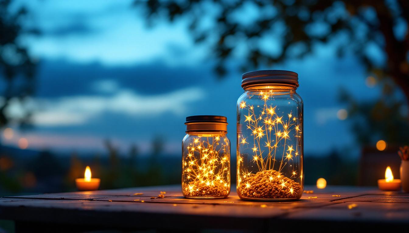 A photograph of a beautifully illuminated solar jar lamp in a cozy outdoor setting