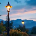 A photograph of a well-designed outdoor lighting pole in a beautifully landscaped setting