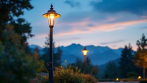 A photograph of a well-designed outdoor lighting pole in a beautifully landscaped setting