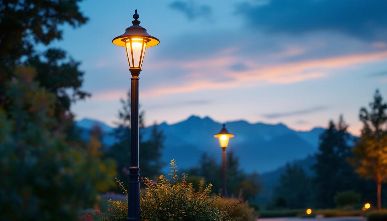 A photograph of a well-designed outdoor lighting pole in a beautifully landscaped setting