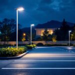 A photograph of a well-lit parking lot at dusk
