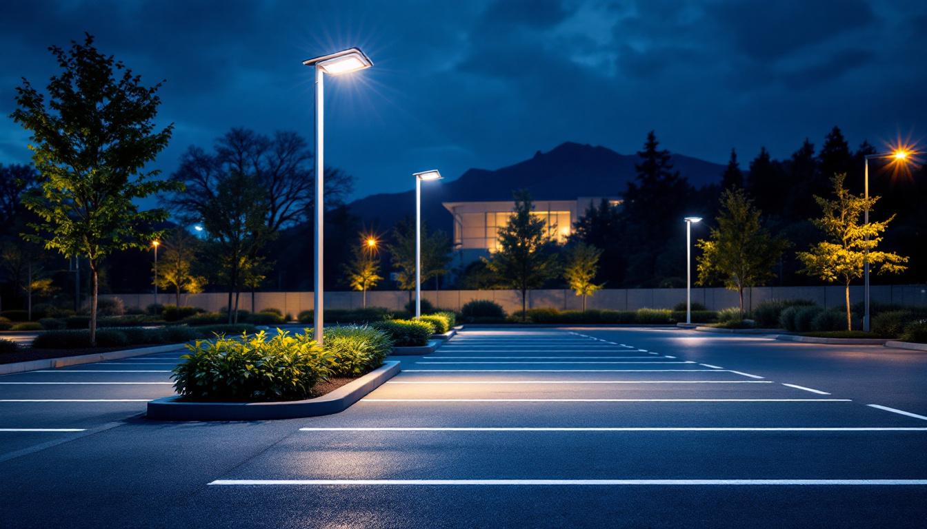 A photograph of a well-lit parking lot at dusk