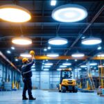 A photograph of a well-lit industrial space featuring ufo led high bay lights in action