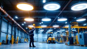 A photograph of a well-lit industrial space featuring ufo led high bay lights in action