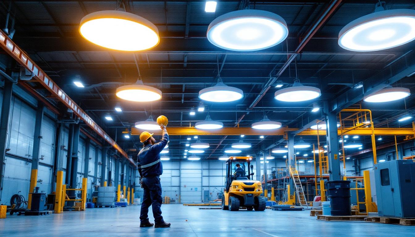 A photograph of a well-lit industrial space featuring ufo led high bay lights in action