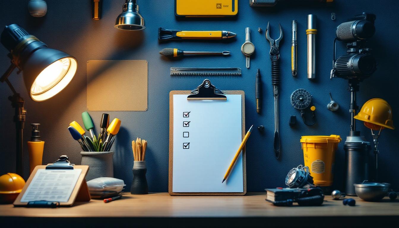 A photograph of a well-organized workspace featuring various lighting fixtures