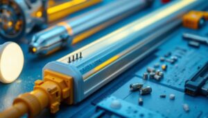 A photograph of a close-up of a fluorescent ballast alongside various lighting fixtures and tools