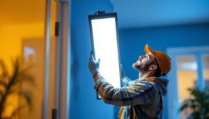 A photograph of a lighting contractor installing or showcasing a 6ft led light in a residential or commercial setting