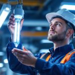 A photograph of a lighting contractor expertly installing an f10t5 bulb in a commercial setting