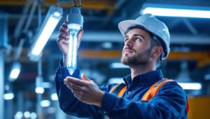 A photograph of a lighting contractor expertly installing an f10t5 bulb in a commercial setting