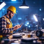 A photograph of a lighting contractor examining a variety of high-lumen led fixtures in a well-lit workspace