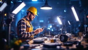 A photograph of a lighting contractor examining a variety of high-lumen led fixtures in a well-lit workspace
