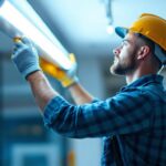 A photograph of a lighting contractor installing a 4ft t8 led fixture in a commercial space