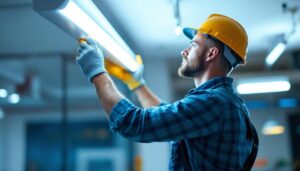 A photograph of a lighting contractor installing a 4ft t8 led fixture in a commercial space