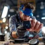 A photograph of a lighting contractor adjusting a sleek