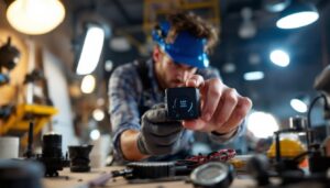 A photograph of a lighting contractor adjusting a sleek