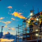 A photograph of a well-lit construction site at dusk