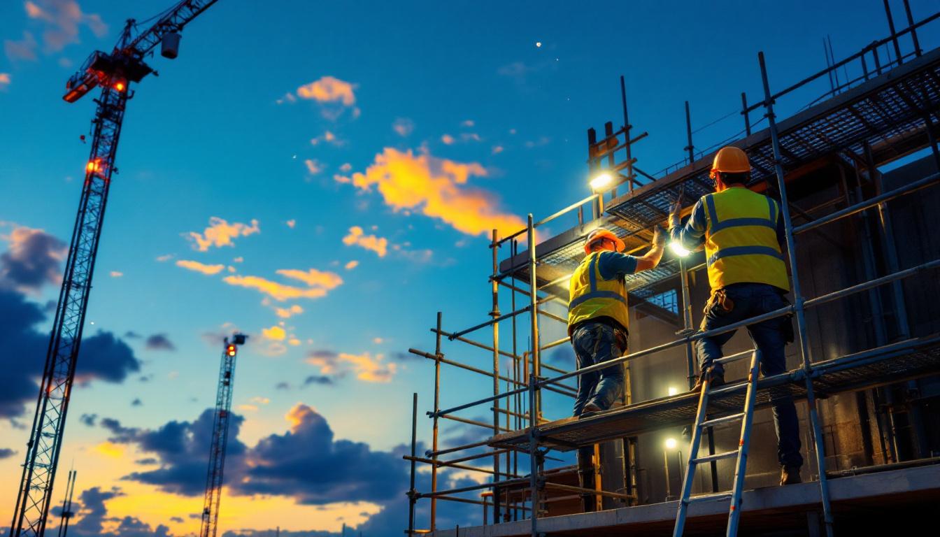 A photograph of a well-lit construction site at dusk