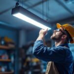 A photograph of a lighting contractor installing a 2-foot led shop light in a well-lit workshop or garage setting
