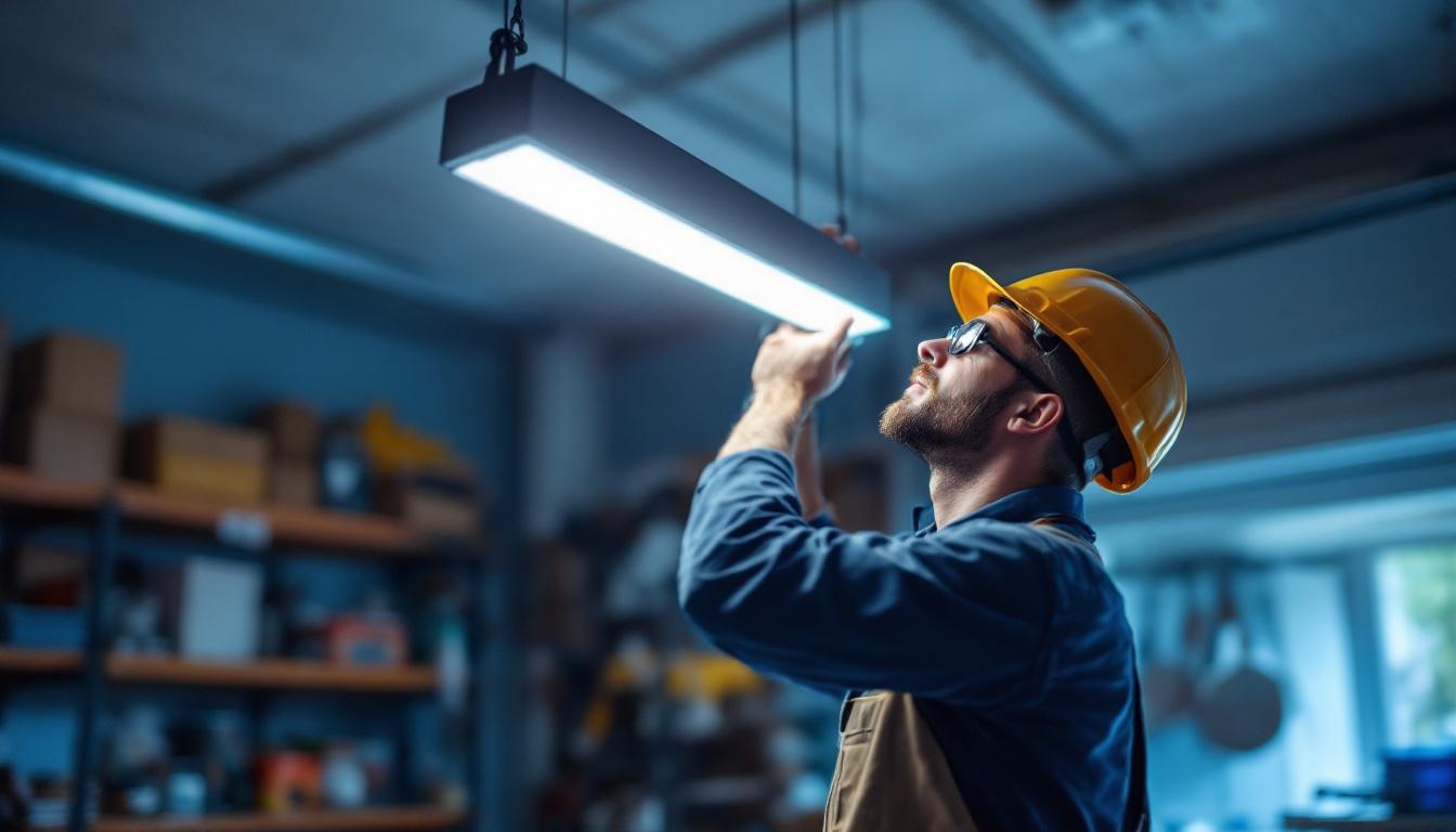 A photograph of a lighting contractor installing a 2-foot led shop light in a well-lit workshop or garage setting