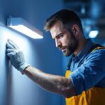 A photograph of a lighting contractor expertly installing or adjusting a sleek