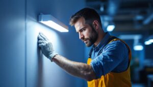 A photograph of a lighting contractor expertly installing or adjusting a sleek