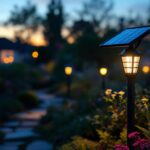 A photograph of a beautifully illuminated solar post light installed in a landscaped outdoor setting during twilight