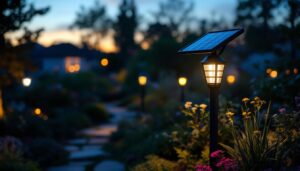 A photograph of a beautifully illuminated solar post light installed in a landscaped outdoor setting during twilight