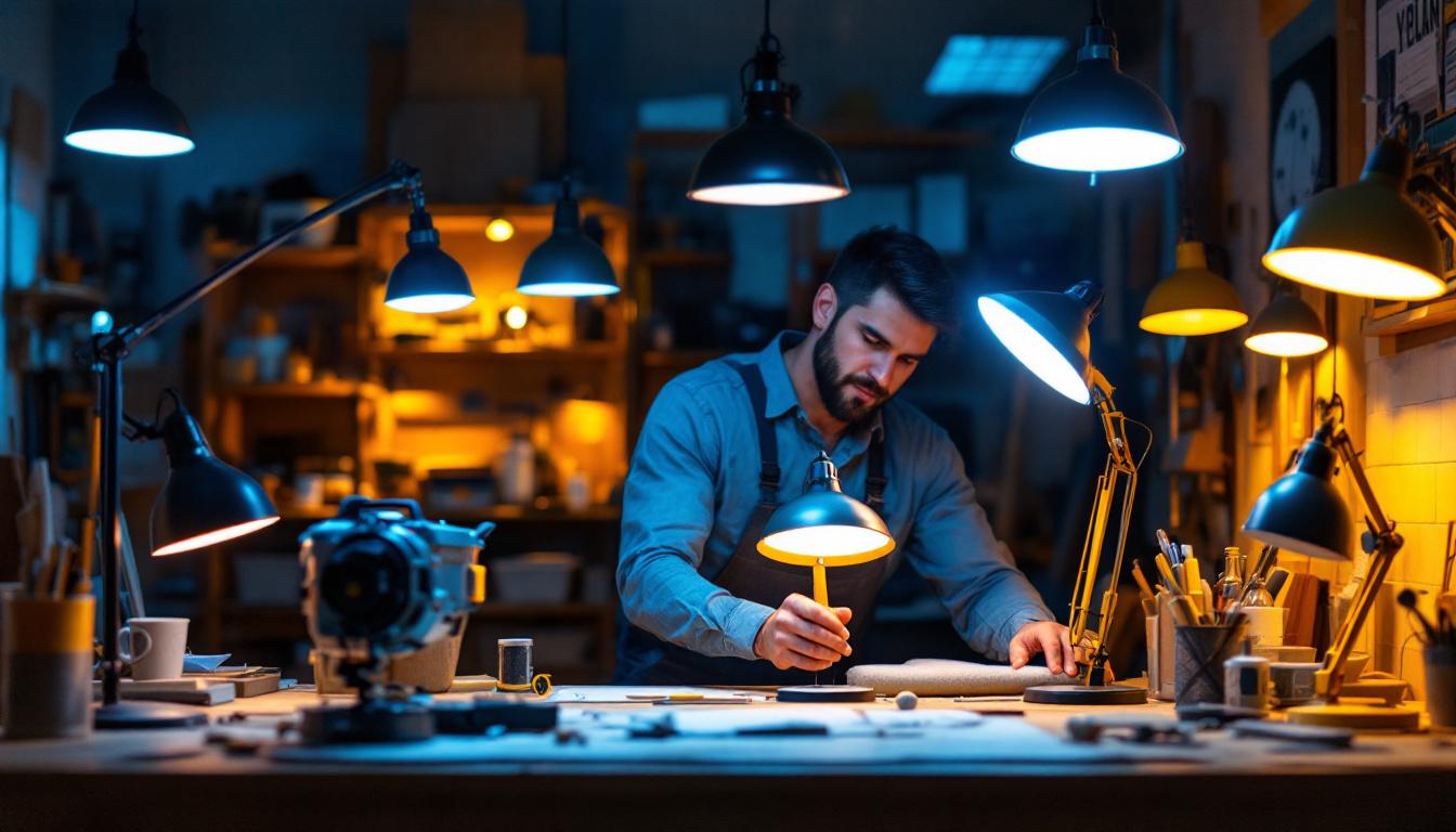A photograph of a well-lit workspace featuring a variety of led shop lamps in use