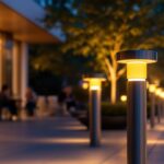 A photograph of a stylishly designed bollard light illuminating a contemporary outdoor space
