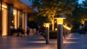 A photograph of a stylishly designed bollard light illuminating a contemporary outdoor space